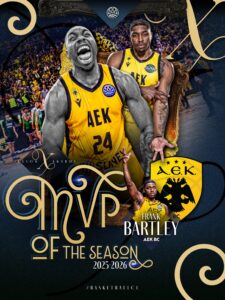 Ο Φρανκ Μπάρτλεϊ της ΑΕΚ αναδείχθηκε MVP της φετινής σεζόν στο Basketball Champions League μετά τις εντυπωσιακές εμφανίσεις του με τη Βασίλισσα.