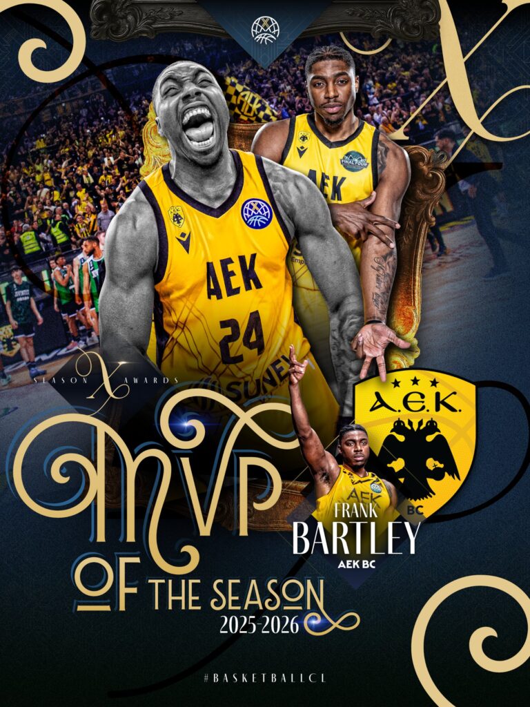 Ο Φρανκ Μπάρτλεϊ της ΑΕΚ αναδείχθηκε MVP της φετινής σεζόν στο Basketball Champions League μετά τις εντυπωσιακές εμφανίσεις του με τη Βασίλισσα.